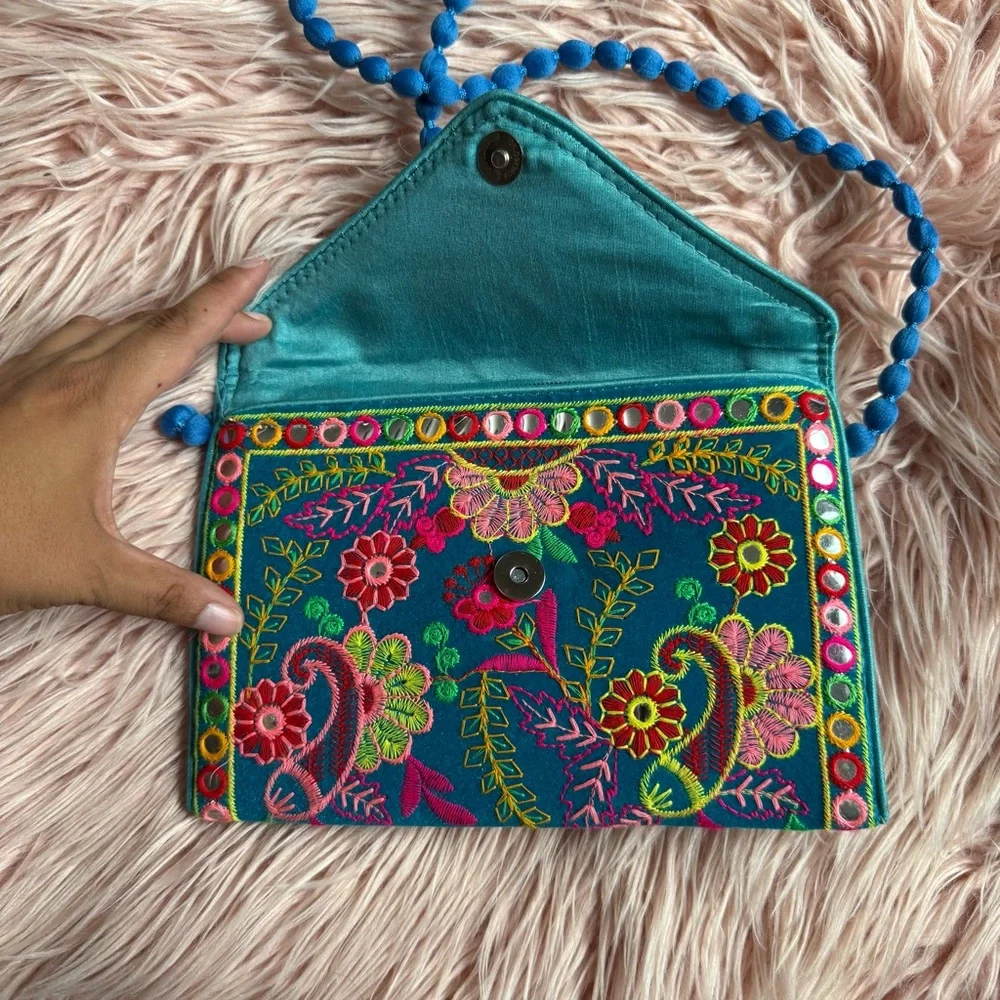 Blue Embroidered Flap Clutch with Pom Pom Cross Bodysuit Strap - Picture 6 of 7